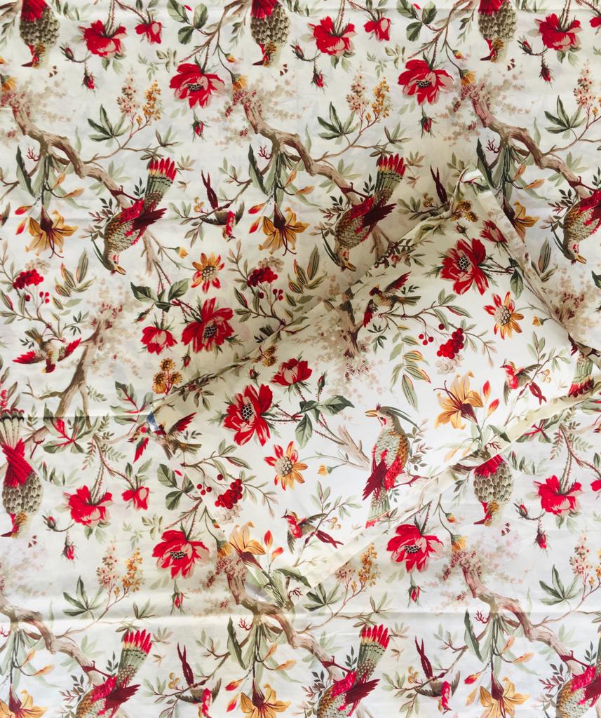 Red Flowers and Birds on Tree Branches Bedsheet and 2 Pillow Covers
