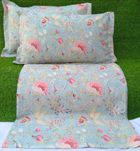 Load image into Gallery viewer, Pink and Yellow Flowers on Blue Bedsheet and 2 Pillow Covers
